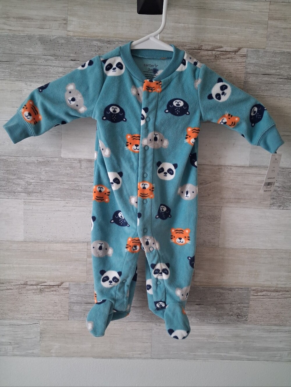 Carter's Teal Blue Animal Face Fleece One-Piece Footed Pajamas